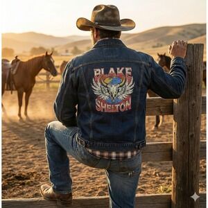 Blake Shelton Denim Jean Jacket Bull Skull Wings Autograph Tour Concert L